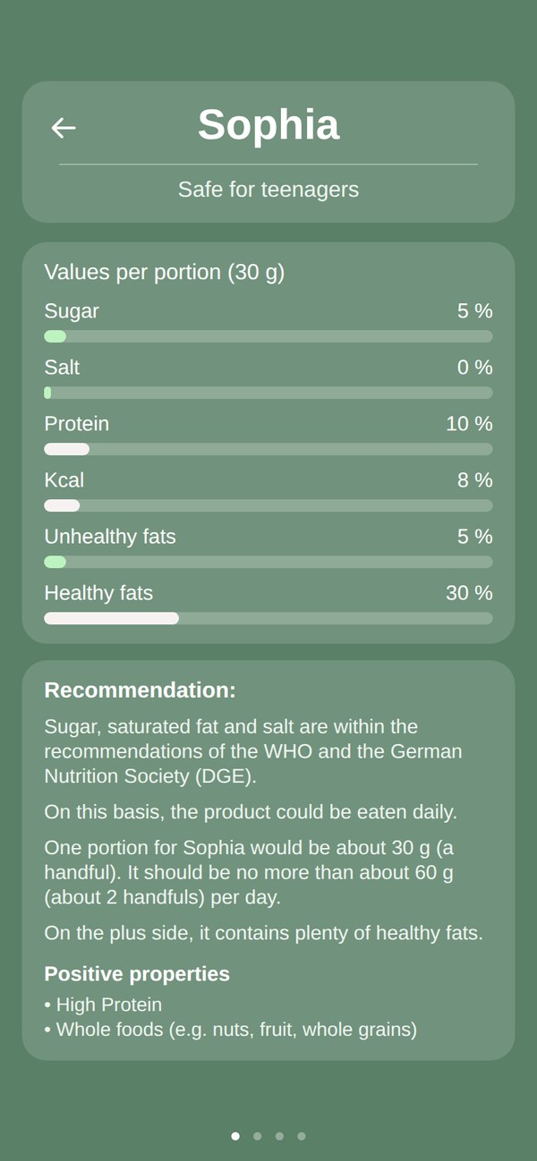 Detail view with nutrition facts and recommendation