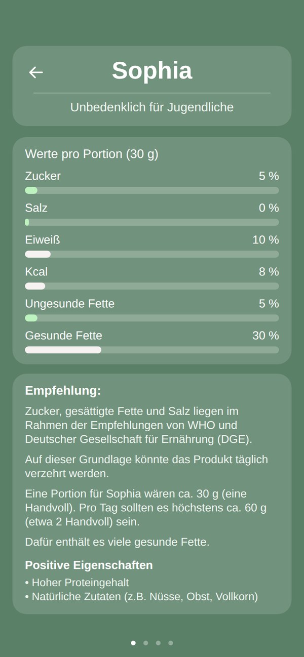 Detailansicht mit Nährwerten und Empfehlung